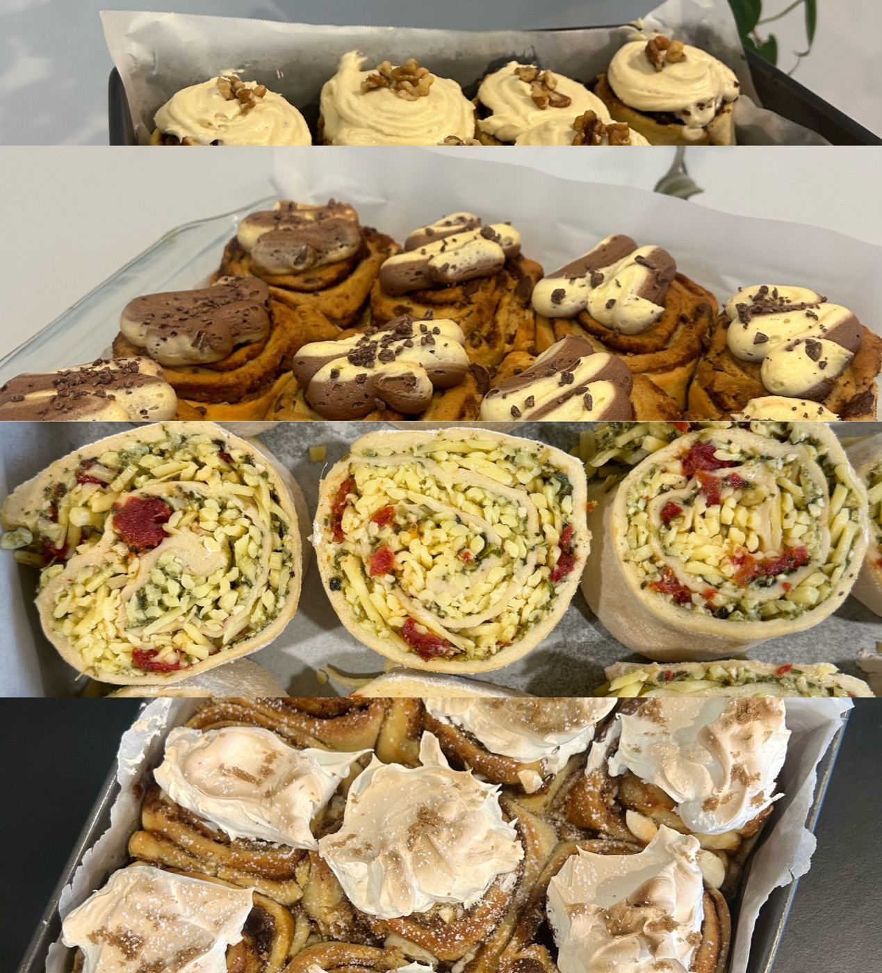 Trays of cream-topped sweet rolls, chocolate-drizzled rolls, savoury rolls and meringue-topped pastries